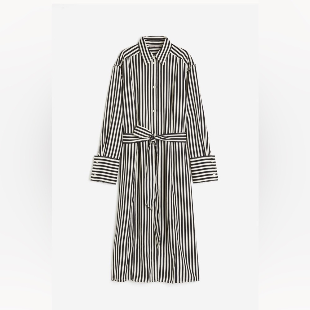 NWOT New! H&M tie belt shirt stripe dress medium striped black cream